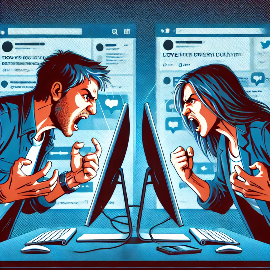 DALL·E 2024-08-07 08.46.54 – Two people arguing intensely in front of computer screens, with angry expressions and raised voices. The background shows social media posts and comme