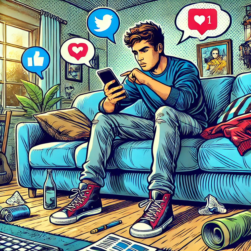 DALL·E 2024-08-07 08.50.07 – A person scrolling through social media on their phone while sitting on a couch, surrounded by a messy living room. The style is vibrant and illustrat