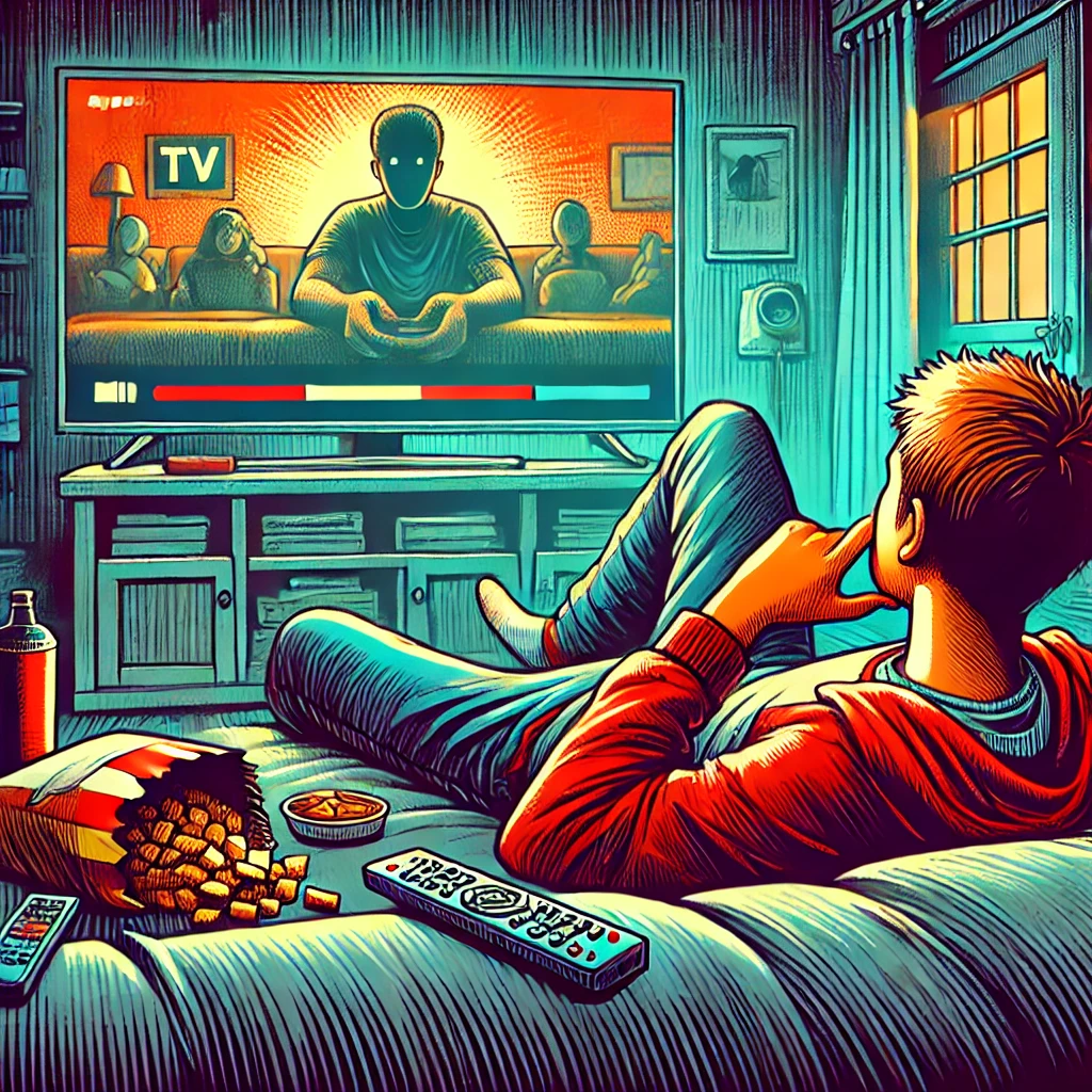 DALL·E 2024-08-07 08.50.16 – A person watching TV or movies on a large screen, slouched on a couch, with a look of boredom. The room is dimly lit, and snacks are sca