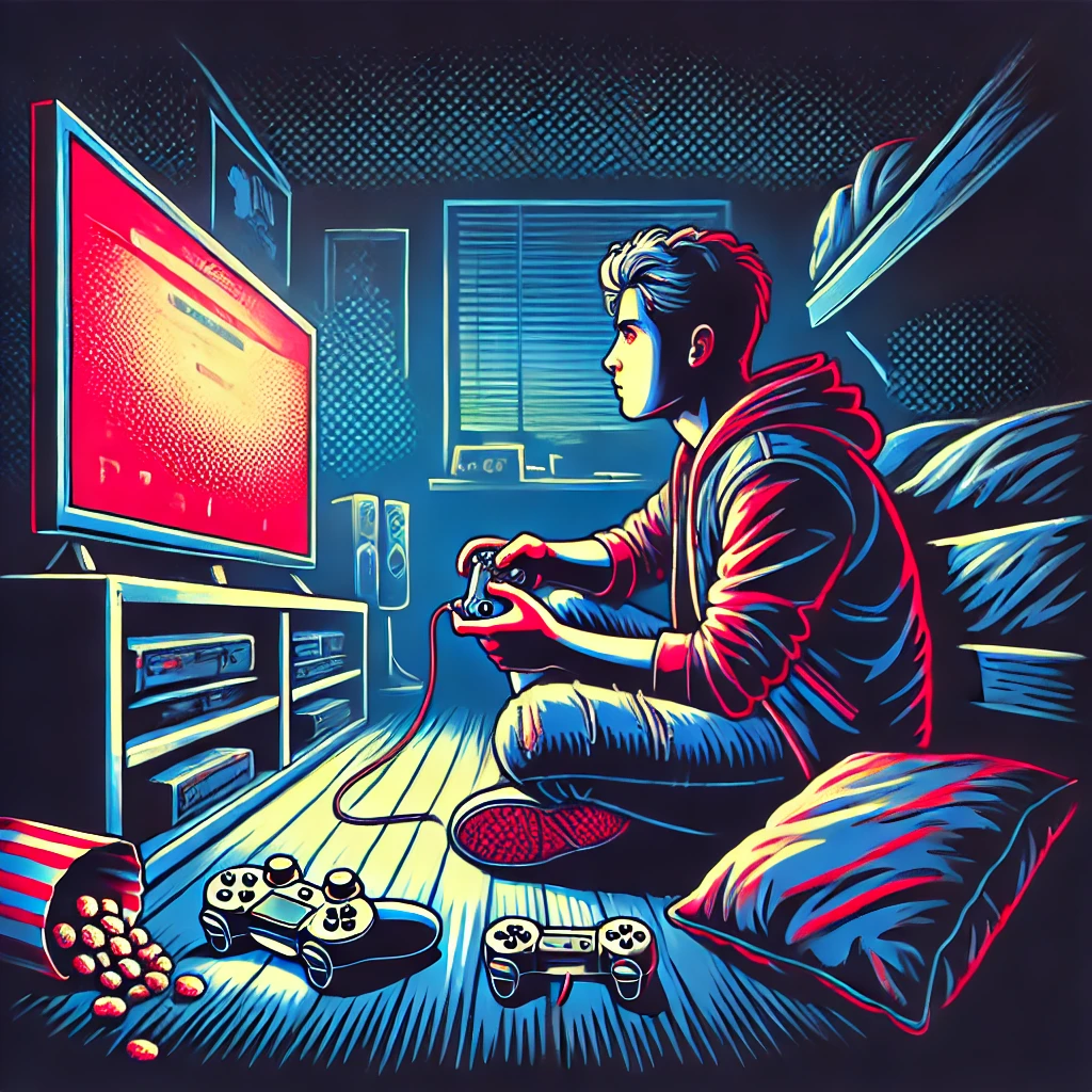 DALL·E 2024-08-07 08.50.18 – A person playing video games on a console, sitting on the floor in front of a TV. The room is dark with only the glow of the screen illu