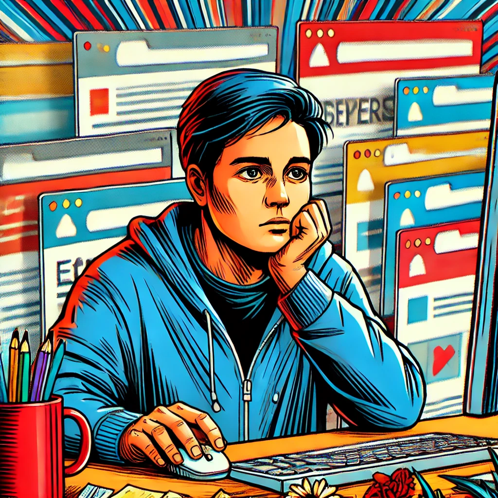 DALL·E 2024-08-07 08.50.21 – A person sitting at a desk with a computer, browsing the internet aimlessly. The background shows various open tabs and cluttered bookma