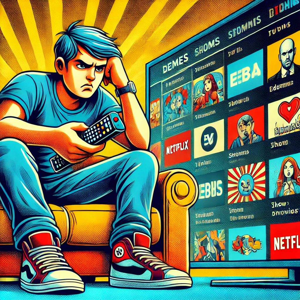 DALL·E 2024-08-07 08.50.23 – A person sitting on a couch with a remote control, looking frustrated and scrolling through streaming service menus, trying to find some