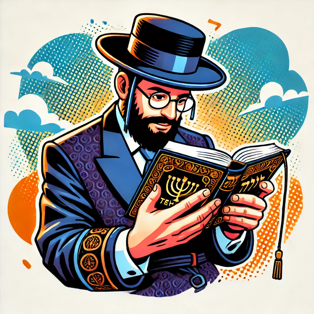 DALL·E 2024-08-07 10.31.44 – A person reading Tehillim, wearing traditional Jewish attire, holding a Tehillim book. The style is vibrant and illustrative, with exagg