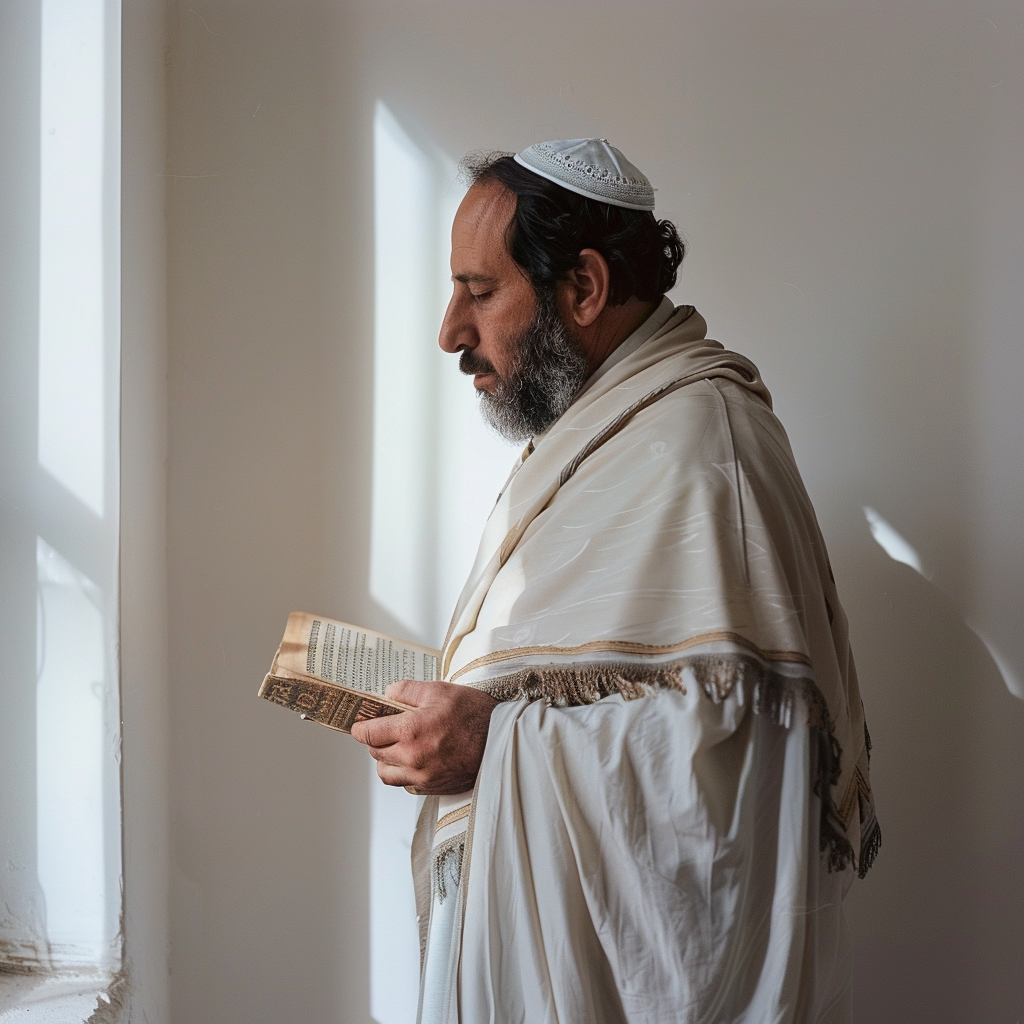 danielsidar_A_Jewish_man_standing_in_prayer_holding_a_Siddur_Je_36392e15-99d6-4d6a-992b-49aff65b6d25