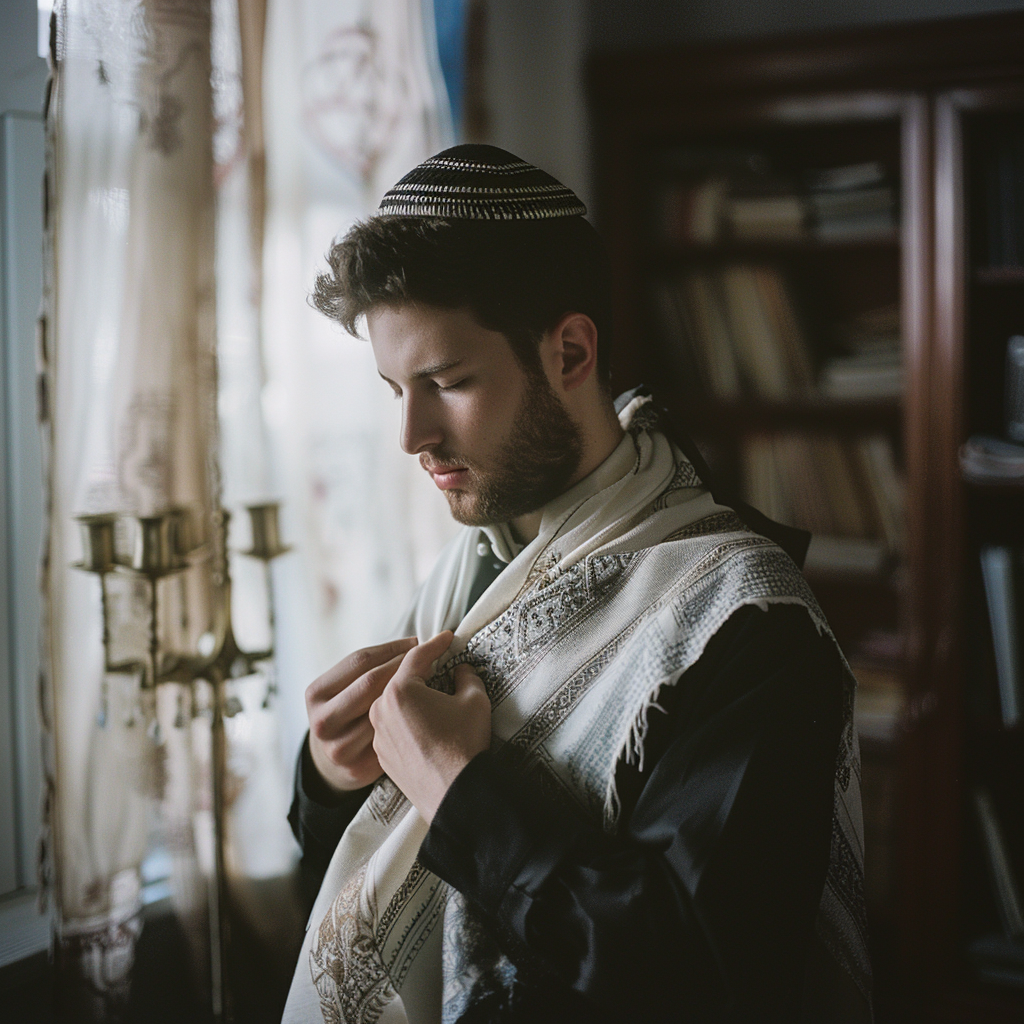 danielsidar_A_Jewish_man_wrapping_tefillin_on_his_arm_and_foreh_40089b45-7457-42b0-9f62-9ee0bbe5d97d